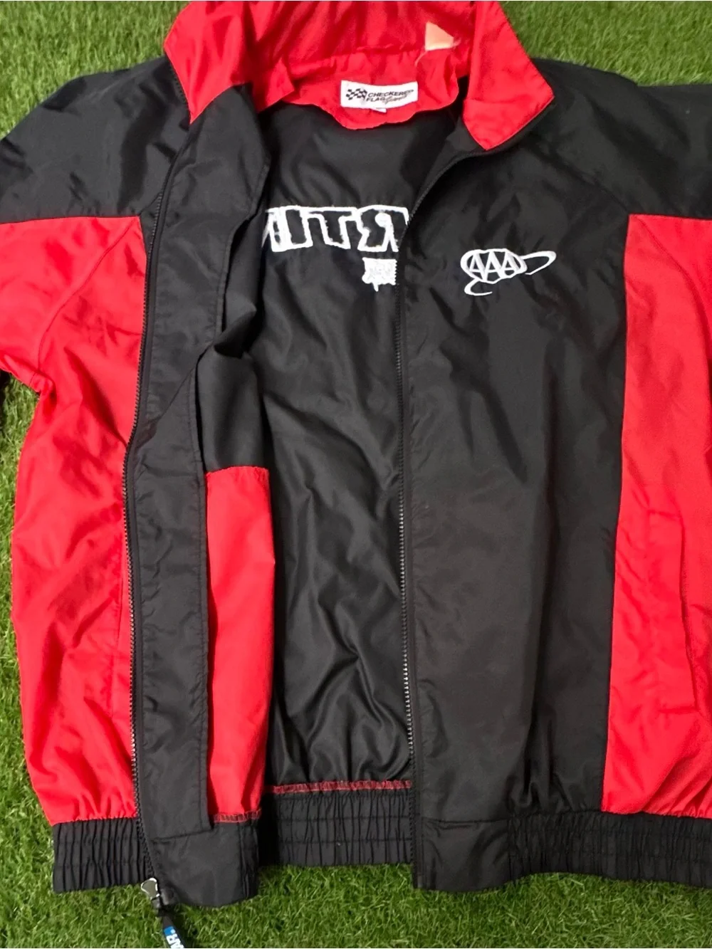 Vintage Checkered Flag Sports NASCAR Racing Windbreaker Jacket Black Red Men’s